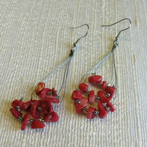 Handmade Red Coral Gemstone Beads Triple Teardrop Loop 70mm Long Earrings